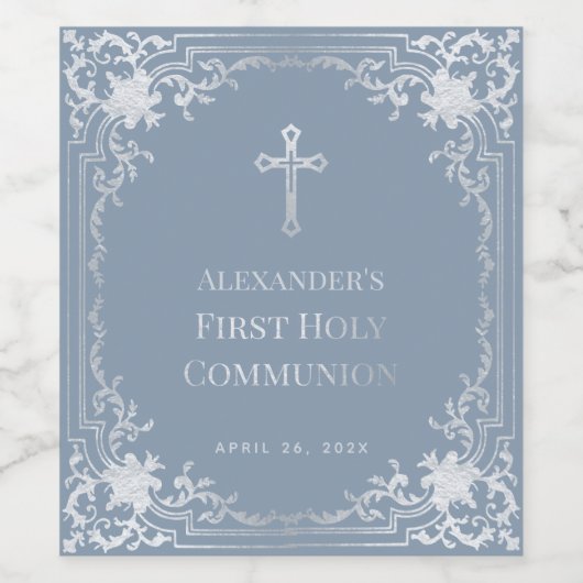 First Communion Dusty Blue Elegant Boy Imitats Sil Weinetikett (Einzelnes Label)