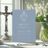 First Communion Dusty Blue Elegante Wappen Cross B Einladung