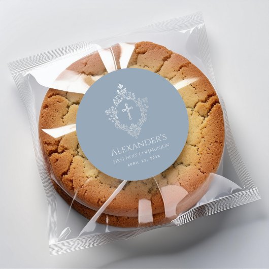 First Communion Dusty Blue Imitats Silver Wappen B Runder Aufkleber