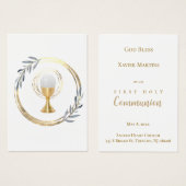 First Communion dusty blue leaves remembrance card (Vorne & Hinten)