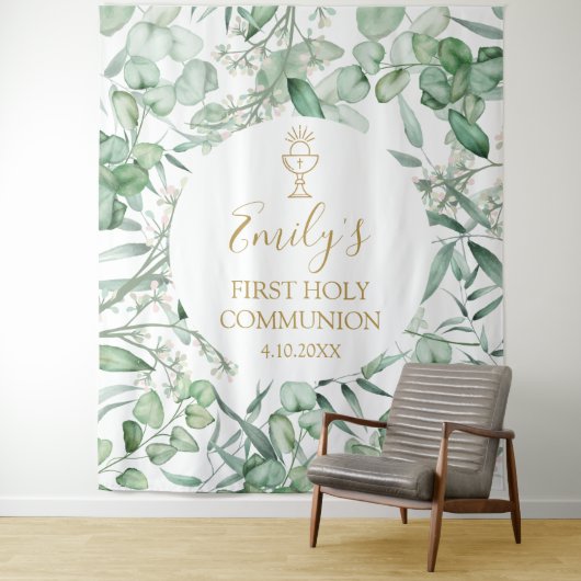 First Communion Eucalyptus greenery backdrop banne Wandteppich (Beispiel)