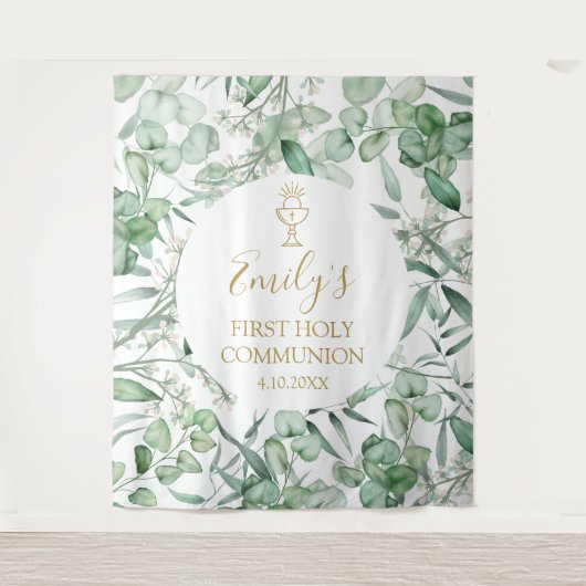 First Communion Eucalyptus greenery backdrop banne Wandteppich (Vorderseite)