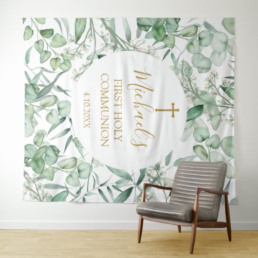 First Communion Eucalyptus greenery backdrop Wandteppich (Beispiel (Horizontal))