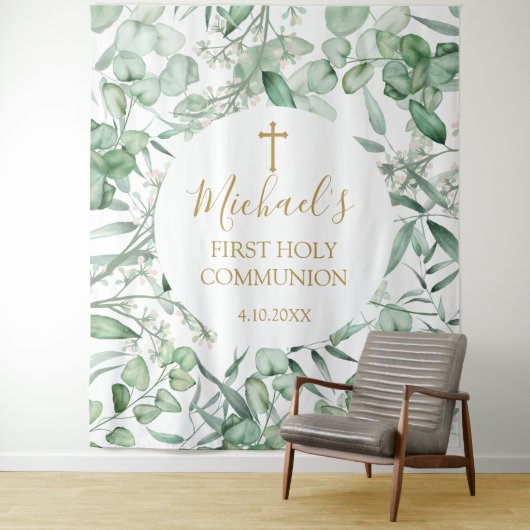 First Communion Eucalyptus greenery backdrop Wandteppich (Beispiel)