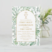 First Communion Eucalyptus leaves Invitation Einladung (Stehend Vorderseite)