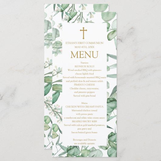 First Communion Eucalyptus leaves Menu  Menükarte (Vorne/Hinten)