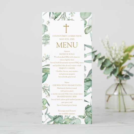 First Communion Eucalyptus leaves Menu  Menükarte (Stehend Vorderseite)