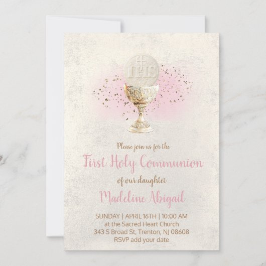 first communion  FAUX glitter and pink watercolor Einladung (Vorderseite)