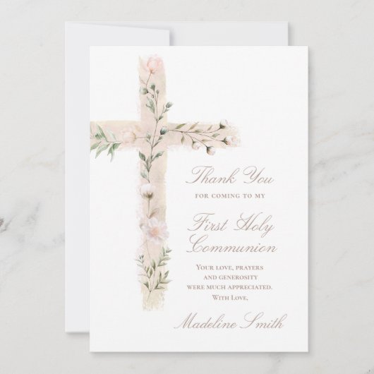 First Communion floral cross thank you Karte (Vorderseite)