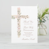 First Communion floral cross thank you Karte (Stehend Vorderseite)