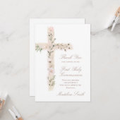 First Communion floral cross thank you Karte (Vorderseite/Rückseite Beispiel)