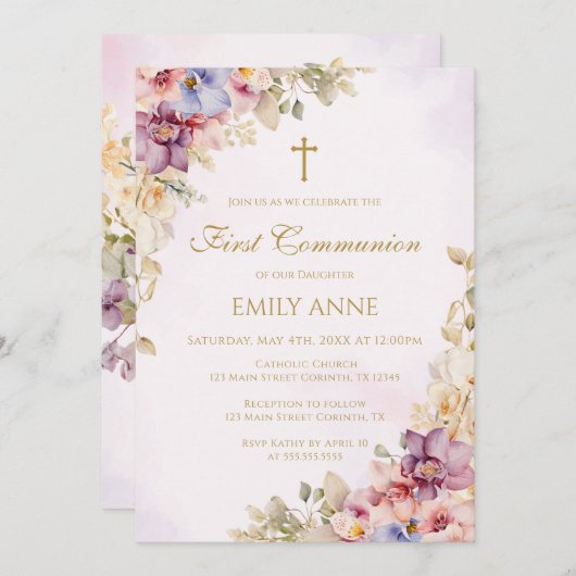 First Communion Floral Orchids Invitation Einladung (Vorne/Hinten)