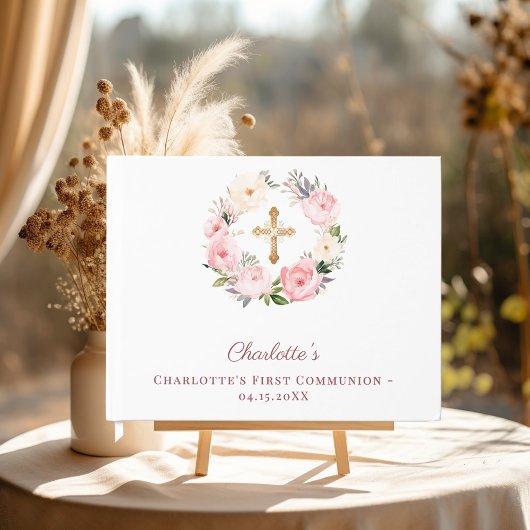 First Communion floral wreath pink girl Gästebuch