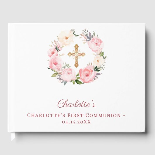 First Communion floral wreath pink girl Gästebuch (Vorderseite)