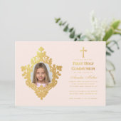 First Communion Girl Foto Elegantes Rosa Imitat Einladung (Stehend Vorderseite)