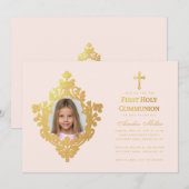 First Communion Girl Foto Elegantes Rosa Imitat Einladung (Vorne/Hinten)