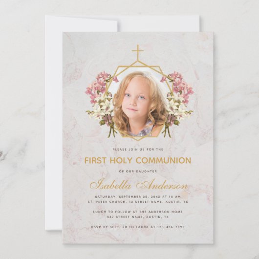 First Communion Girl Foto Rosa Orchid Marmor Gold Einladung (Vorderseite)