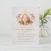 First Communion Girl Foto Rosa Orchid Marmor Gold Einladung (Stehend Vorderseite)