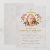 First Communion Girl Foto Rosa Orchid Marmor Gold Einladung (Vorne/Hinten)