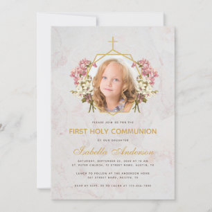 First Communion Girl Foto Rosa Orchid Marmor Gold Einladung