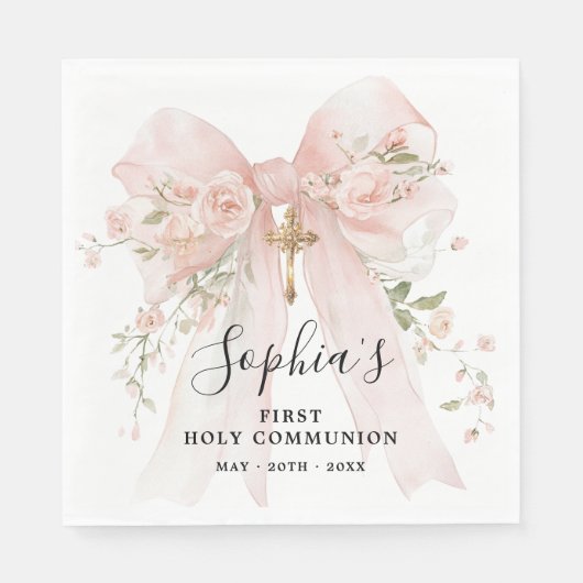 First Communion Girl Pink Bow Roses Custom Serviette (Vorderseite)