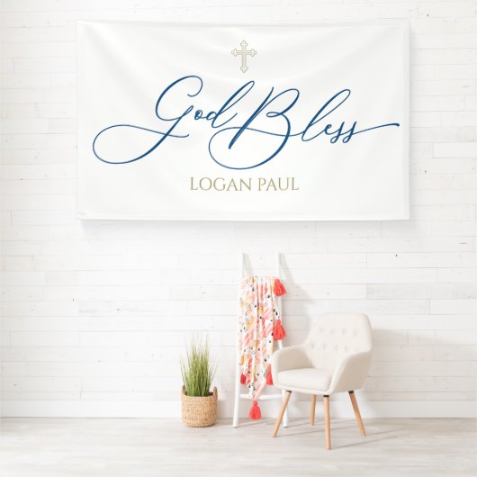 First Communion God Bless Blue banner backdrop (Insitu)