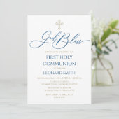 First Communion God Bless Blue Invitation Einladung (Stehend Vorderseite)
