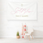 First Communion God Bless Pink banner backdrop (Insitu)