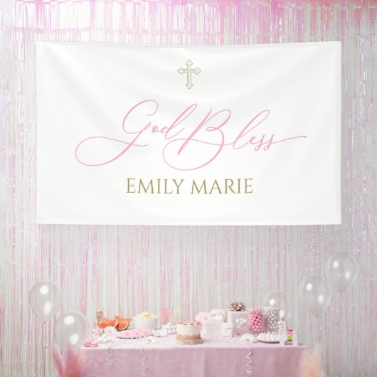 First Communion God Bless Pink banner backdrop (Party)