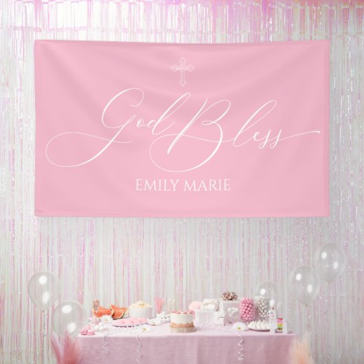 First Communion God Bless Pink banner backdrop  (Party)