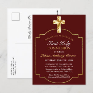First Communion Gold Cross Burgund Elegant Invita Postkarte