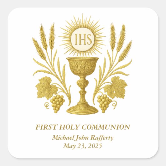 First Communion Gold Eucharist Chalice Quadratischer Aufkleber (Vorderseite)