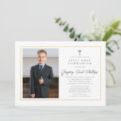 First Communion Gold Frame Minimalistisch Boy Foto Einladung (Stehend Vorderseite)