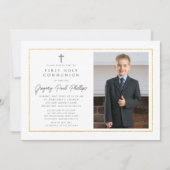 First Communion Gold Frame Minimalistisch Boy Foto Einladung (Vorderseite)