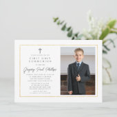 First Communion Gold Frame Minimalistisch Boy Foto Einladung (Stehend Vorderseite)