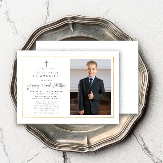 First Communion Gold Frame Minimalistisch Boy Foto Einladung