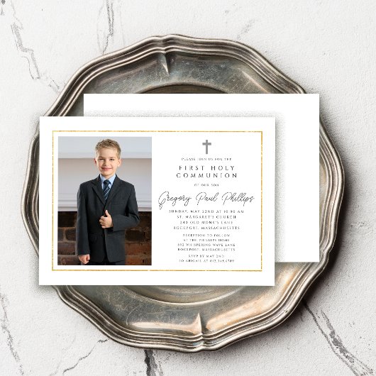 First Communion Gold Frame Minimalistisch Boy Foto Einladung