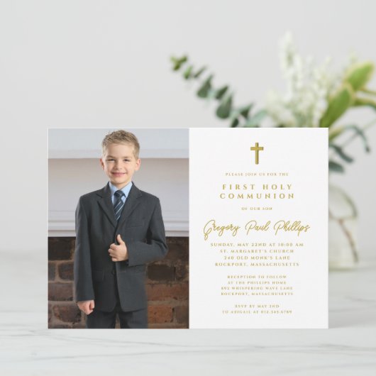 First Communion Gold White Minimalistisch Boy Foto Einladung (Stehend Vorderseite)