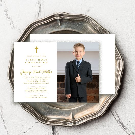 First Communion Gold White Minimalistisch Boy Foto Einladung