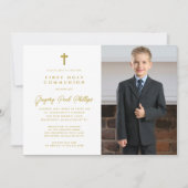 First Communion Gold White Minimalistisch Boy Foto Einladung (Vorderseite)