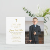 First Communion Gold White Minimalistisch Boy Foto Einladung (Stehend Vorderseite)