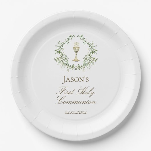 First Communion greenery crest chalice Pappteller (Vorderseite)