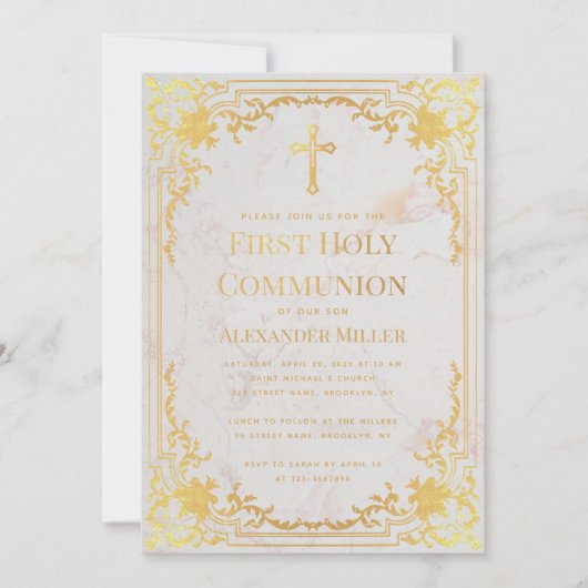 First Communion Imitate Gold Vintage Elegante Marm Einladung (Vorderseite)
