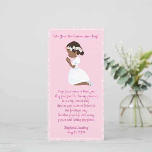 First Communion Lesezeichen Black Girl Dankeskarte (Stehend Vorderseite)