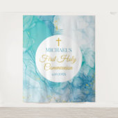 First Communion Marble blue mint modern backdrop Wandteppich (Vorderseite)