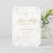 First Communion Marble Elegant Gold Script Boy Einladung (Stehend Vorderseite)