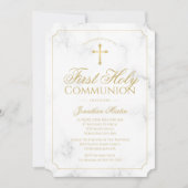 First Communion Marble Elegant Gold Script Boy Einladung (Vorderseite)