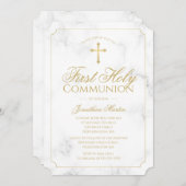First Communion Marble Elegant Gold Script Boy Einladung (Vorne/Hinten)