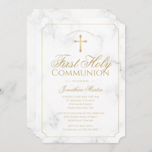 First Communion Marble Elegant Gold Script Boy Einladung (Vorne/Hinten)