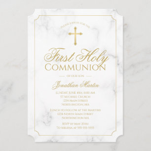 First Communion Marble Elegant Gold Script Boy Einladung